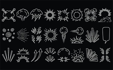 Comic book explosion and action effects outline icons for graphic design projects. © PNG world
