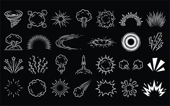 Collection of hand drawn explosion and blast doodle elements for graphic design projects.