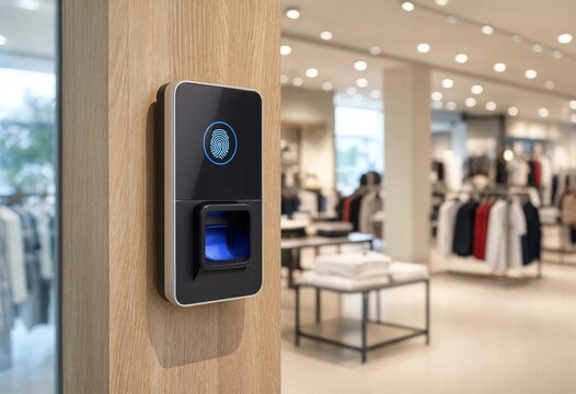 Modern biometric fingerprint scanner mounted on natural wood panel, featuring glowing blue LED illumination, digital interface, secure authentication technology, and contemporary retail surroundings.