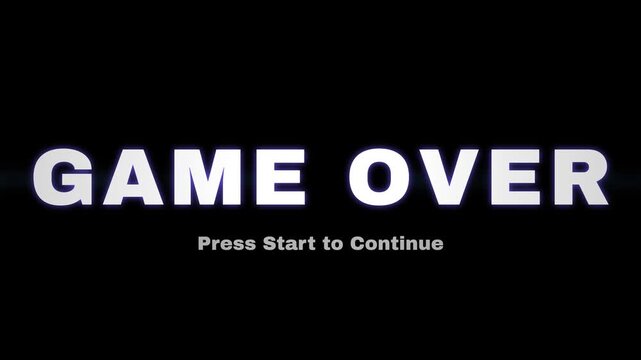 Retro Game Over screen animation with pulsing text, bold violet font on solid black background, classic arcade typography, press start to continue message, static gaming concept