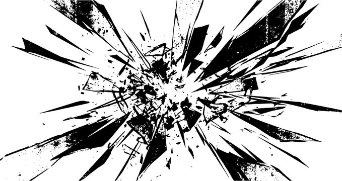 Abstract halftone texture background. Sharp geometric shards and splintered fragments erupt violently from a central shattering collision.