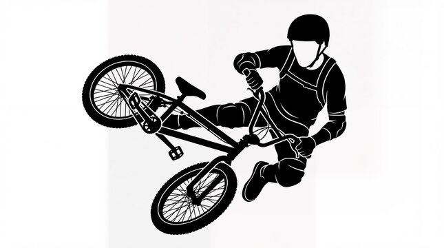 Black and white illustration of a BMX rider performing an extreme stunt jump in midair