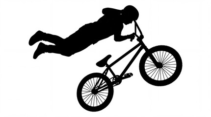 Fototapeta premium Silhouette of a BMX rider performing a daring mid-air stunt jump on a bicycle isolated on a white background