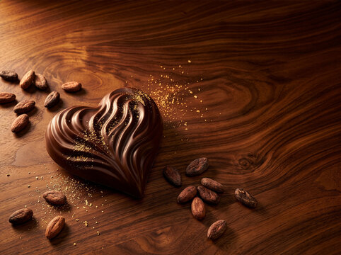 Valentine 290 Heart Shaped Dark Chocolate with Wave Texture Gold Dust and Cocoa Beans on Wooden Surface（なめらかな波模様と金箔がついたハート型ダークチョコレートとカカオ豆）