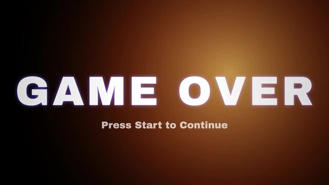 Game over text animation, retro arcade style screen with glowing text effect, press start to continue message on dark background, gaming and esports concept
