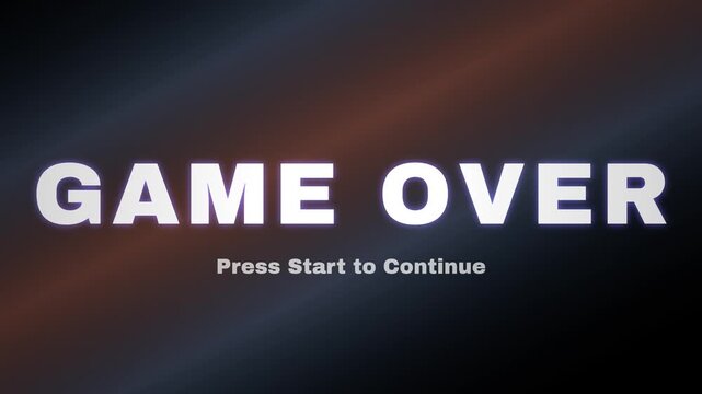 Game Over text animation with glowing letters on abstract background, press start to continue retro style arcade game design, loopable 4K video asset