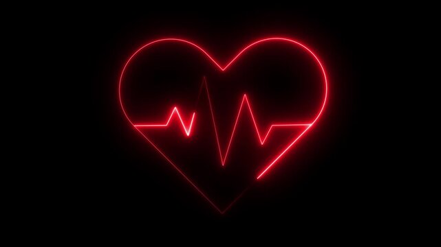 Red neon heartbeat ekg line animation on black background, for medical and, romantic concepts, heart rate