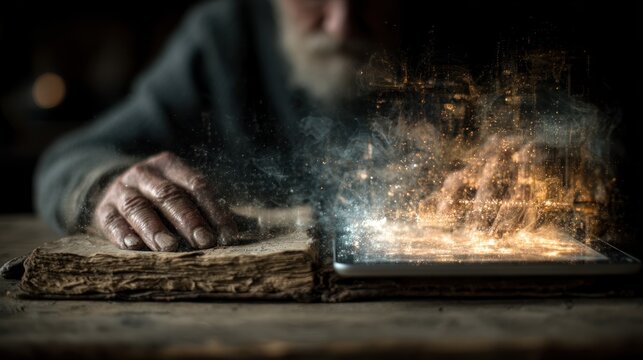 Man reading magic book sparks.