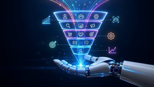Robotic hand holding a glowing digital funnel with business icons. Concept of automated lead generation and data processing.