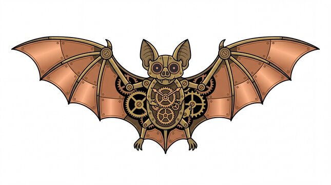Steampunk mechanical bat vector illustration with brass gears and copper wings