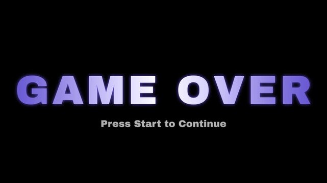 Retro game over text animation, glowing blue letters on black background, press start to continue message, arcade style gaming screen graphic, minimalist video motion design