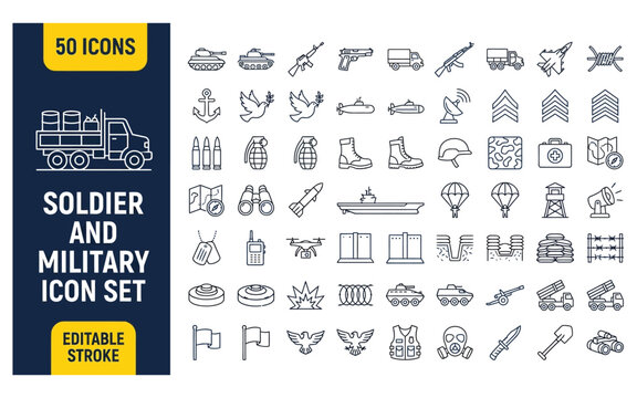 Professional military icon set with 50 outline tactical elements for defense industry and army graphics.