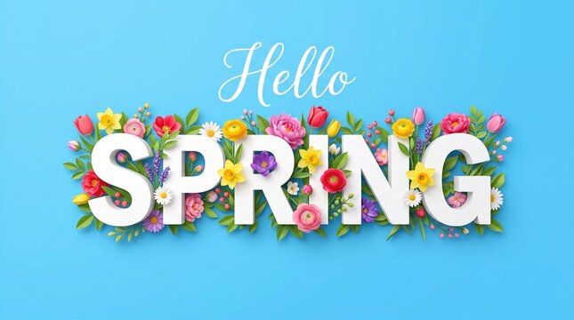 Hello spring floral typography with colorful blooms and a light blue background