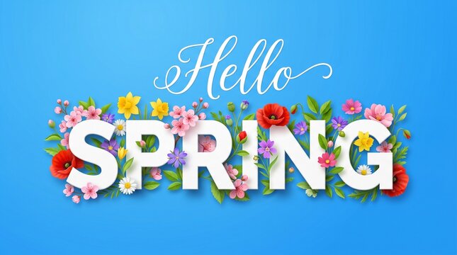 Hello spring floral typography design with colorful flowers on a bright blue background