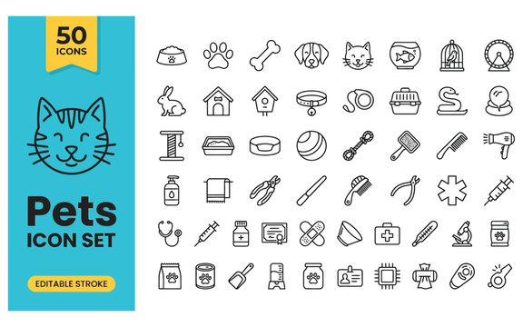 Pet care and veterinary line icons set on grey background for animal clinic.