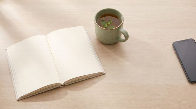 Blank Notebook Open on a Light Wooden Table with a Warm Cup of Herbal Tea and a Smartphone for Productivity and Morning Planning Sessions