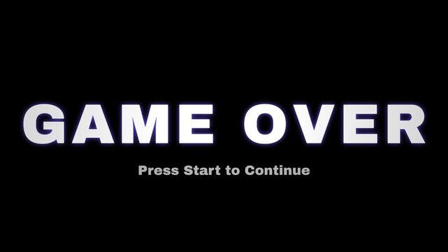 Retro game over text animation, glowing white arcade style on black background, press start to continue sign, gaming overlay asset for stream overlays