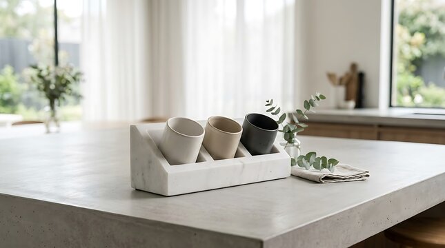 A marble tabletop mug organizer holding three ceramic cups on a modern kitchen counter with a linen cloth and eucalyptus