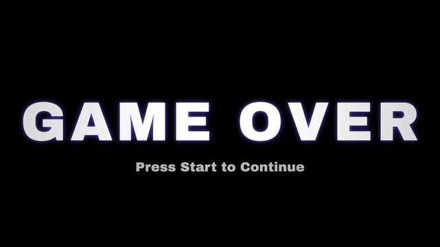 Retro game over screen with neon text animation on black, glowing arcade font effect, white and purple lettering, digital video game overlay element for creators