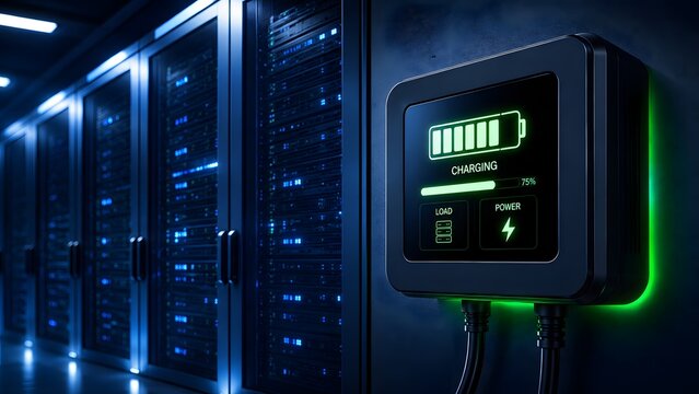 Wall mounted digital charging station with glowing green battery icon in a server room. Concept of backup power supply and data center energy management.