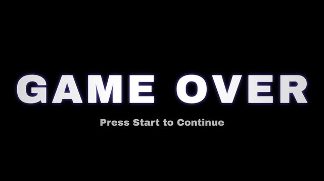 Retro game over screen with flashing glowing text on black background, arcade style gaming text animation, press start to continue retro screen loop for gaming channels