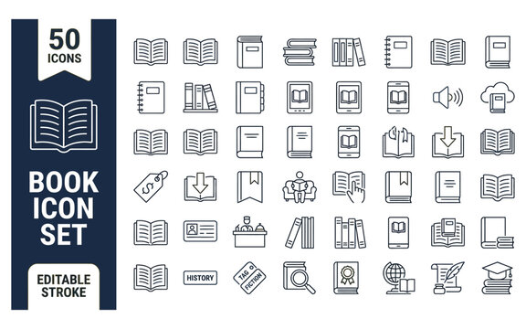 Set of fifty thin line book icons for digital libraries and literary educational projects.