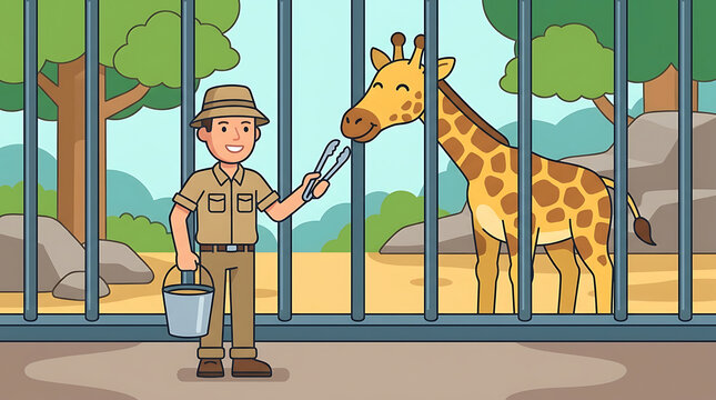 A zookeeper feeds a giraffe behind metal bars in a zoo enclosure