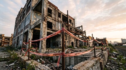 Fototapeta premium Dilapidated Industrial Warehouse Ruins with Warning Tape in an Urban Decay Landscape at Sunset