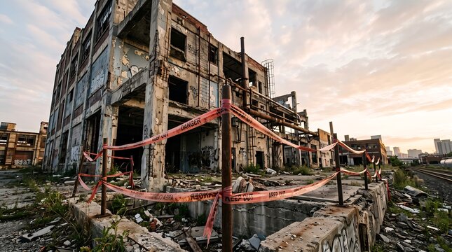 Dilapidated Industrial Warehouse Ruins with Warning Tape in an Urban Decay Landscape at Sunset