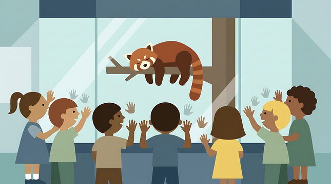 Diverse group of children observing a sleeping red panda in a zoo enclosure