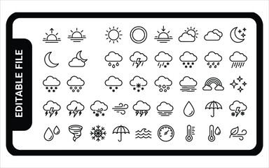 Obraz premium Universal weather and climate icon set featuring black linear symbols for professional meteorological forecasting applications.