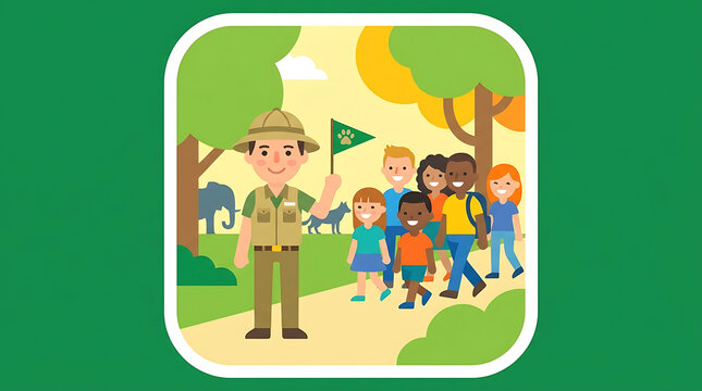 Park ranger guiding a group of children on an educational tour in a zoo