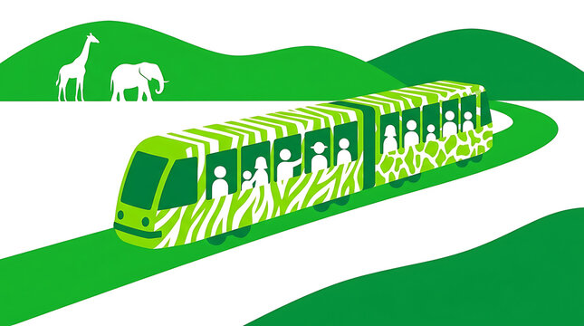 Illustration of a zoo tram with animal print design driving through a safari landscape