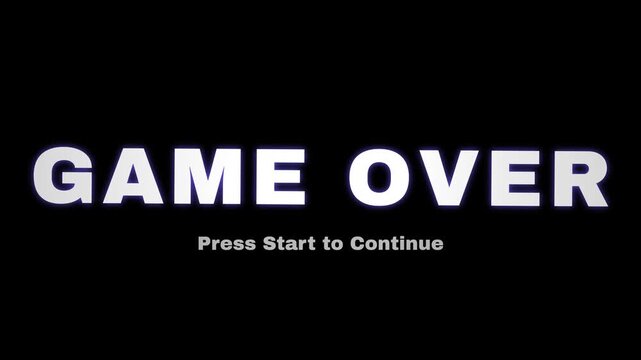 Retro Game Over Text Animation, Kinetic Typography with Press Start to Continue Subtitle, Dynamic Tilting Word Art on Black Background, Gaming Concept Motion Graphic