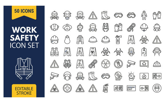 Comprehensive work safety icon set with hazardous materials warning and protective gear for industrial facility compliance.