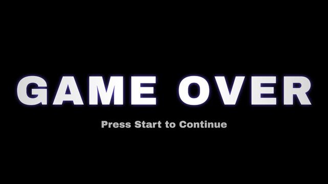 Retro game over text animation, zoom out transition on black background, press start to continue arcade font, vintage gaming aesthetic style screen overlay