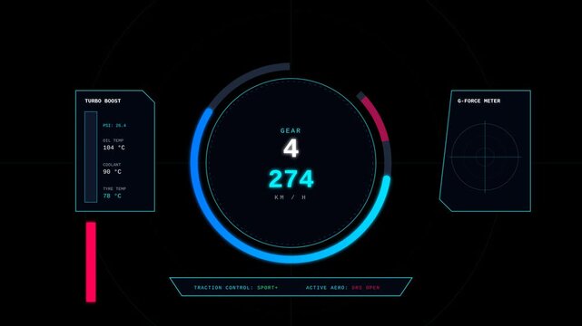 Futuristic Racing Car Dashboard Display with Speedometer and Engine Data Monitoring System Interface