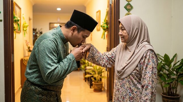 Malay Son Greeting Mother with Traditional Salam Gesture