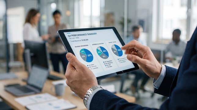 of businessman hand holding tablet displaying Q4 performance summary with pie charts and graphs, analyzing financial data, revenue, expenses, market share, business intelligence