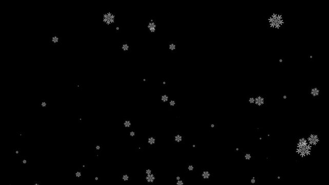 Animated white snowflakes falling slowly against a black background for winter video overlay.