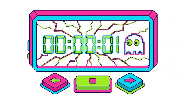 Retro digital timer illustration with cracked screen and pixelated ghost icon in 80s arcade style