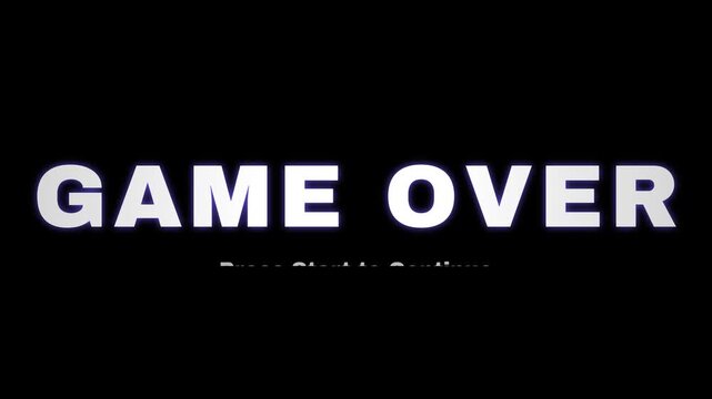Glitchy Game Over text animation, retro arcade gaming style, distorted purple white lettering on black background, loopable digital video graphic for stream overlay