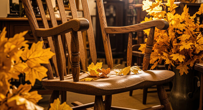 Vintage wooden rocking chair with bright yellow autumn leaves resting on the seat surrounded by cozy fall decor