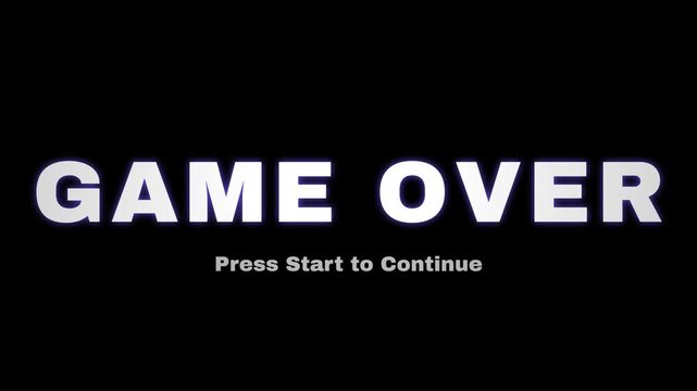 Retro Game Over screen animation, flickering white neon text on black background, press start to continue prompt, gaming arcade failure screen concept