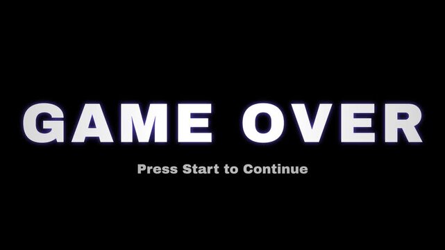 Game Over text animation with Press Start to Continue subtitle, rising and fading white typography on black background, retro arcade gaming motion graphic for video creators