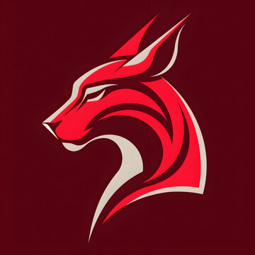 A stylized red and white wolf logo on a dark red background