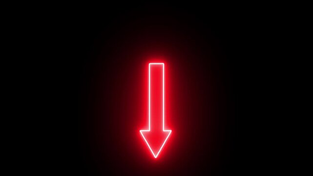 Animated neon arrow pointing down on black background. Animated arrow pointing down on black background. Abstract glowing down arrow icon animation