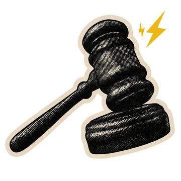 Vintage halftone gavel with lightning bolt legal justice system