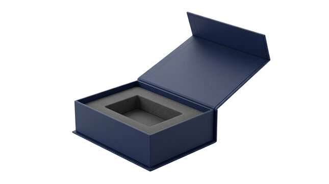 Open navy blue rigid gift box