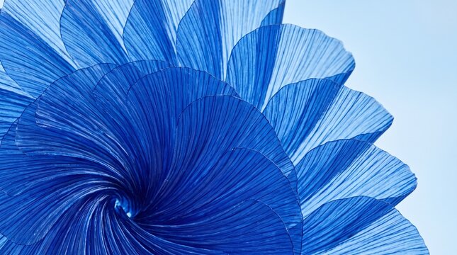 Close-up abstract view of vibrant blue pleated fabric, arranged in a circular, flower-like spiral pattern with delicate texture and soft light, creating a sense of depth and artistic elegance.